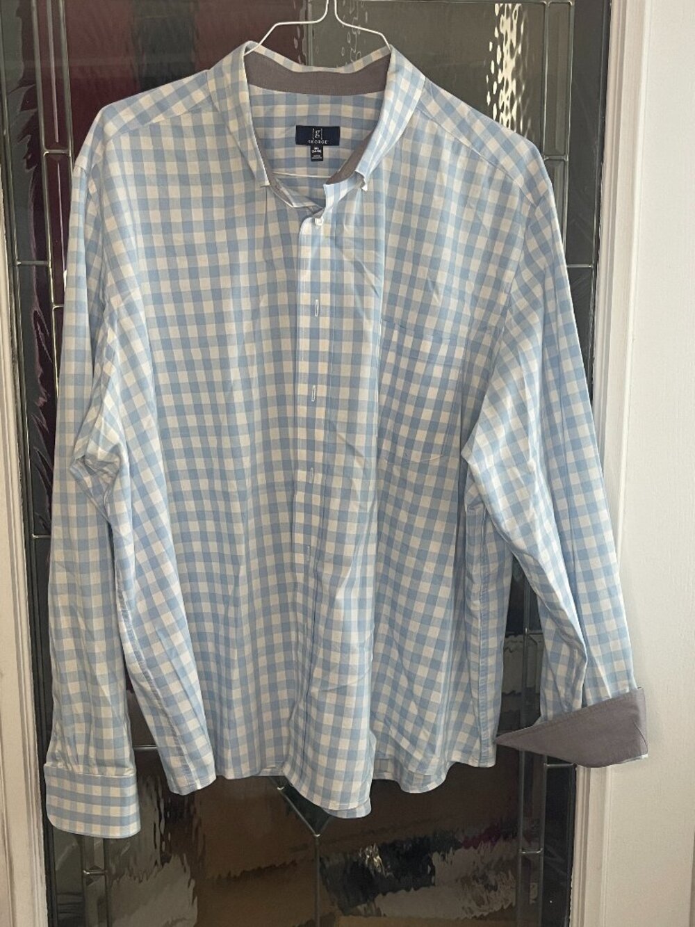 George Button Down Mens 3XL Blue/White Gingham Plaid Flip Cuff Long Sleeve